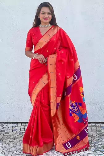 red woven design zari paithani saree