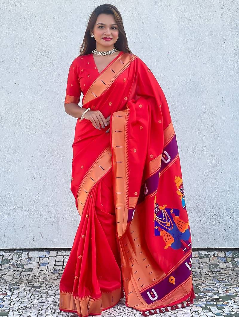 red woven design zari paithani saree