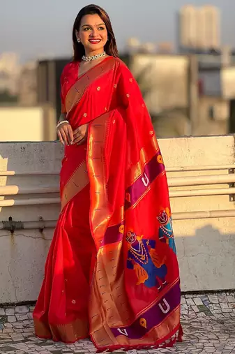 red woven design zari paithani saree