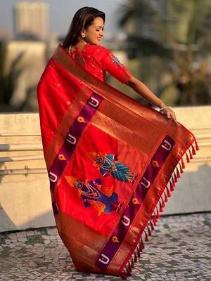 red woven design zari paithani saree 3