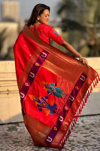 red woven design zari paithani saree