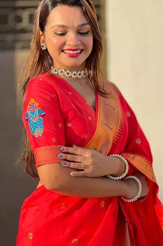 red woven design zari paithani saree