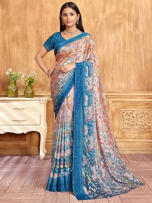 blue floral pure crepe saree 1