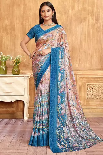 blue floral pure crepe saree