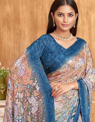 blue floral pure crepe saree 2