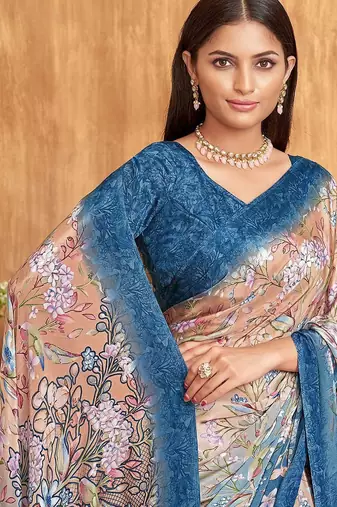 blue floral pure crepe saree