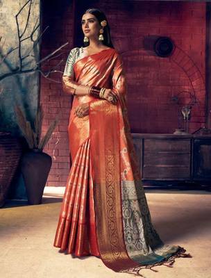 Peach peach-coloured & red floral zari silk blend banarasi saree 2