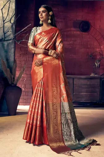 Peach peach-coloured & red floral zari silk blend banarasi saree