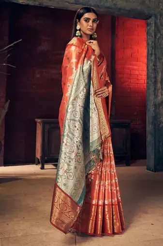 Peach peach-coloured & red floral zari silk blend banarasi saree