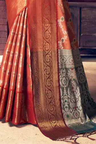 Peach peach-coloured & red floral zari silk blend banarasi saree