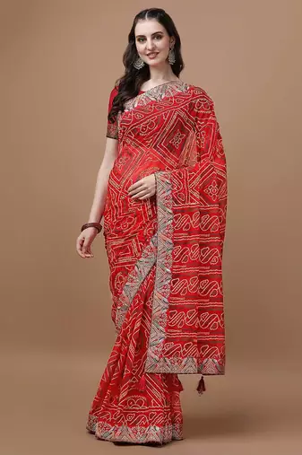 red red printed bandhani saree