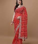 red red printed bandhani saree