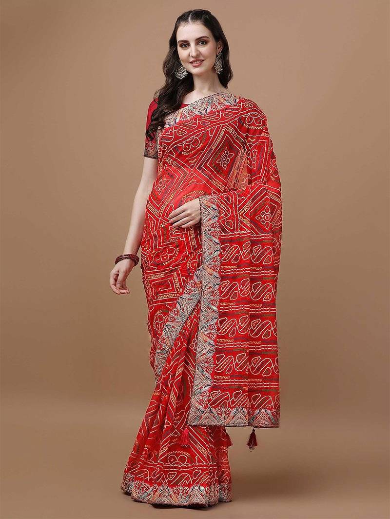 red red printed bandhani saree