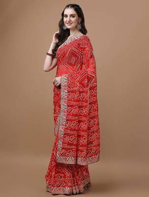 red red printed bandhani saree 2