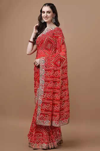 red red printed bandhani saree