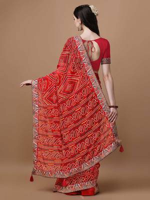 red red printed bandhani saree 3