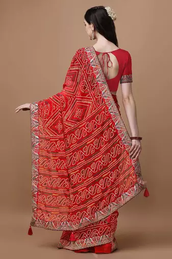 red red printed bandhani saree