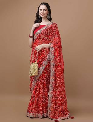 red red printed bandhani saree 4