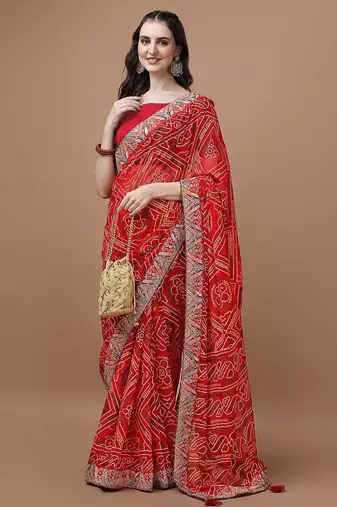 red red printed bandhani saree