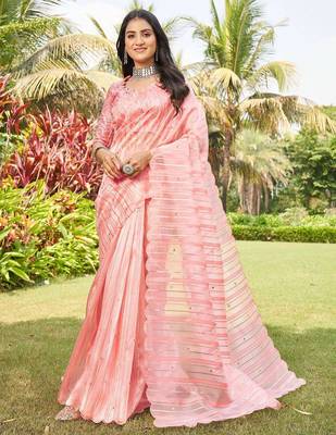peach striped organza saree 1