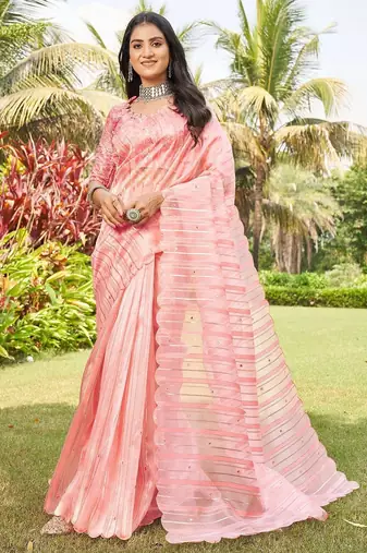 peach striped organza saree