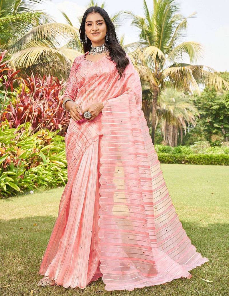 peach striped organza saree