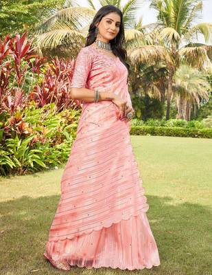 peach striped organza saree 2