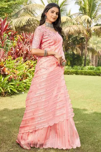 peach striped organza saree