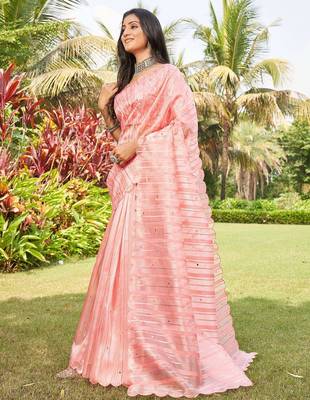 peach striped organza saree 3