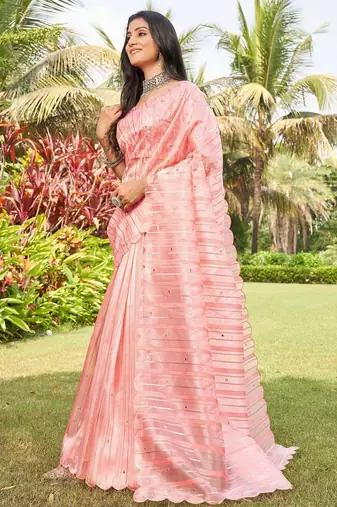 peach striped organza saree