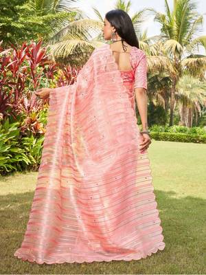 peach striped organza saree 4