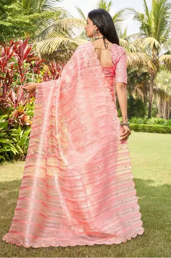 peach striped organza saree