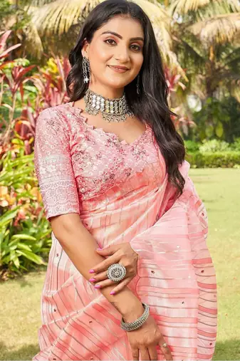 peach striped organza saree