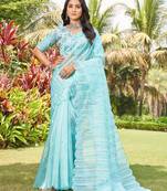 blue blue & silver-toned striped mirror work organza saree