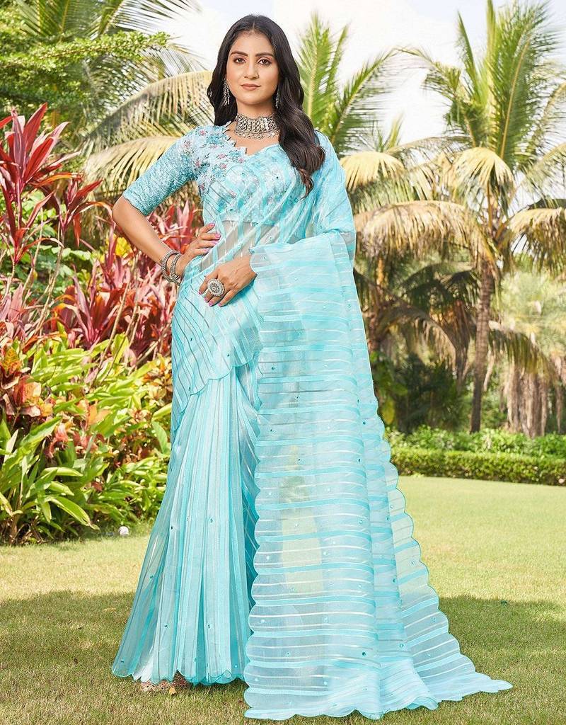 blue blue & silver-toned striped mirror work organza saree
