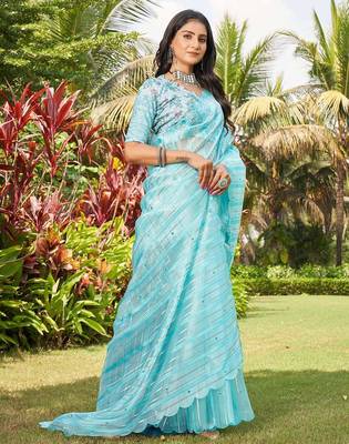 blue blue & silver-toned striped mirror work organza saree 2