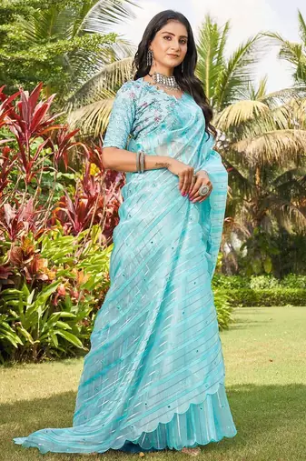 blue blue & silver-toned striped mirror work organza saree