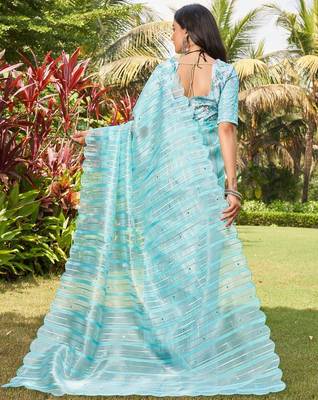 blue blue & silver-toned striped mirror work organza saree 3