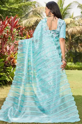 blue blue & silver-toned striped mirror work organza saree