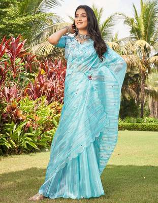 blue blue & silver-toned striped mirror work organza saree 4