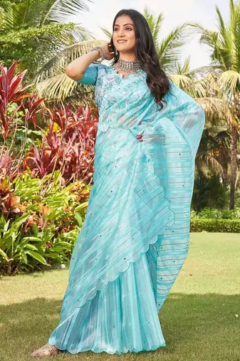 blue blue & silver-toned striped mirror work organza saree