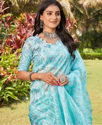 blue blue & silver-toned striped mirror work organza saree 5