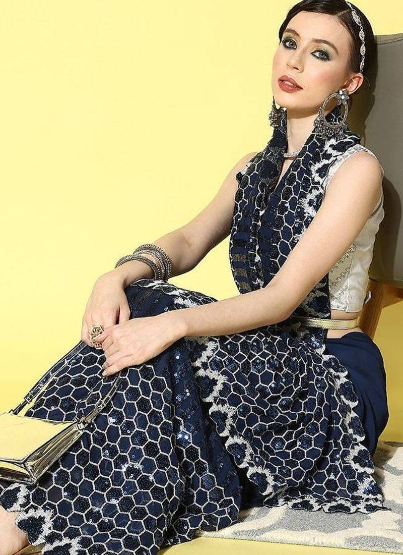 navy_blue sequinned pure georgette saree