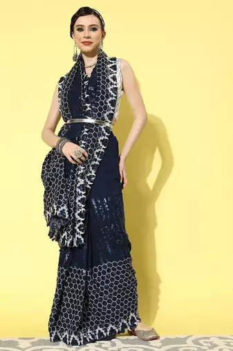 navy_blue sequinned pure georgette saree