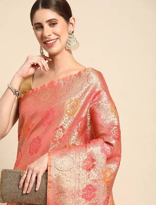 pink floral zari organza kanjeevaram saree 1