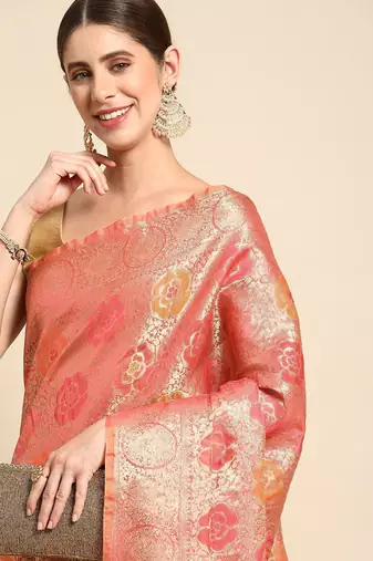 pink floral zari organza kanjeevaram saree
