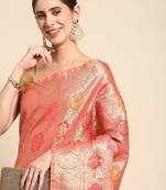 pink floral zari organza kanjeevaram saree