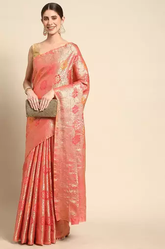 pink floral zari organza kanjeevaram saree