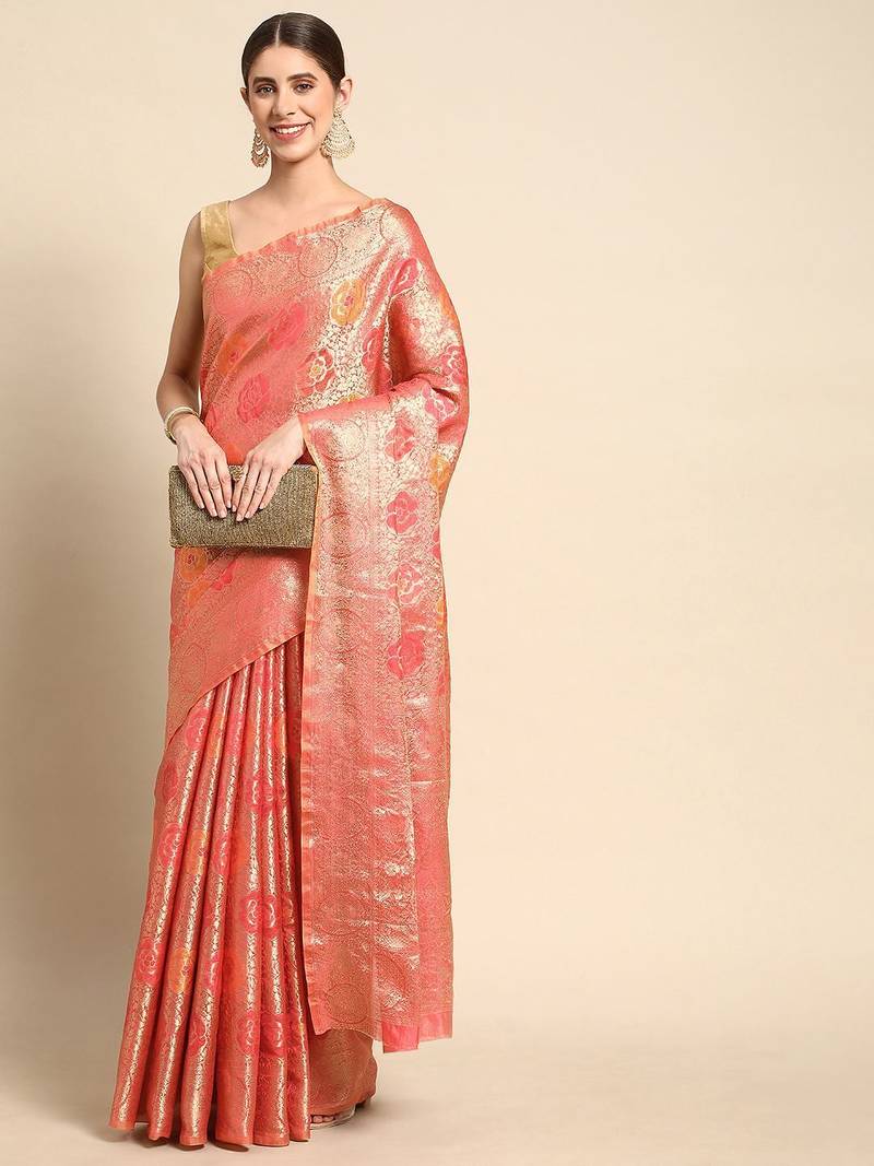 pink floral zari organza kanjeevaram saree