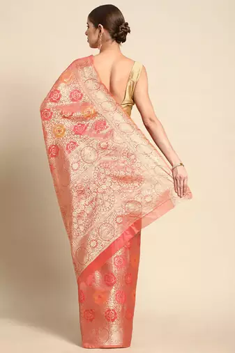 pink floral zari organza kanjeevaram saree